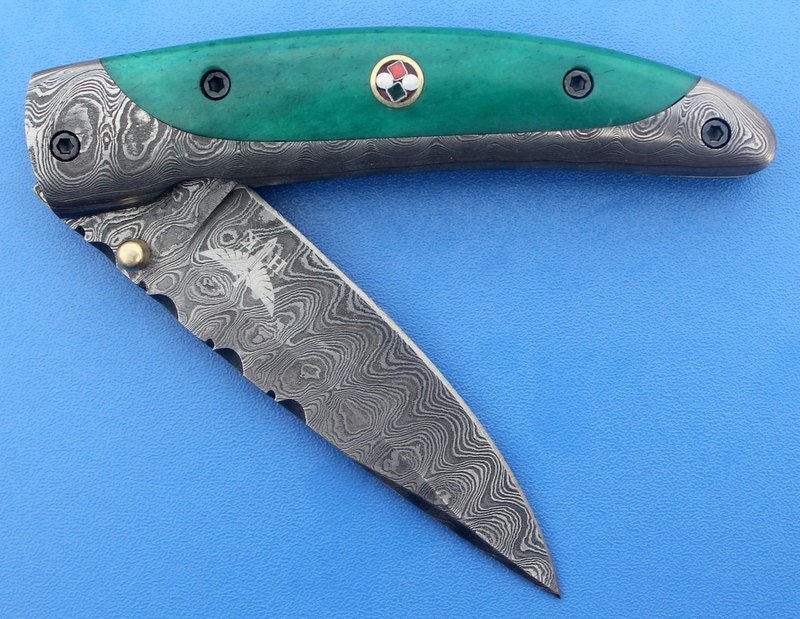 HTS-10  Damascus Knife custom handmade Folder / Micarta handle / Damascus bolsters