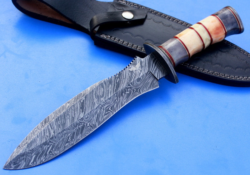 HTK-61  Damascus Knife custom handmade Bowie / Colour Camel Bone Handle / Damascus Fittings - HomeTown Knives