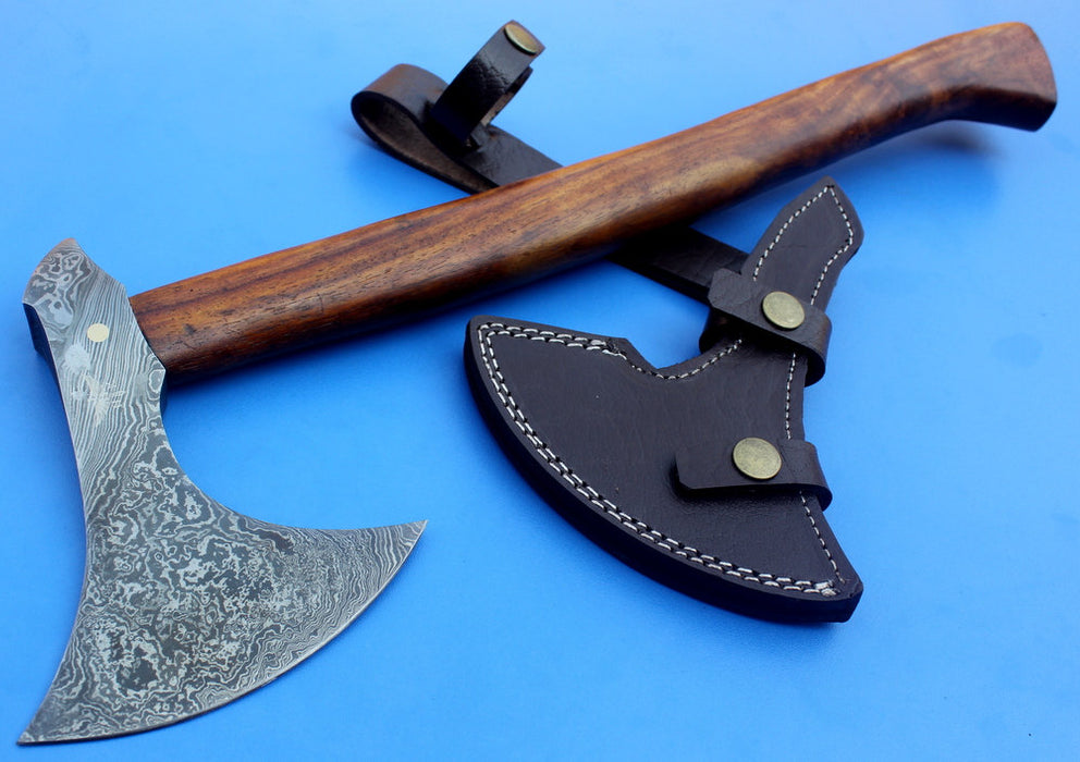 HTK 69 -  Damascus Knife custom handmade tomahawk Axe / Beak Point on back side / Walnut Handle - HomeTown Knives