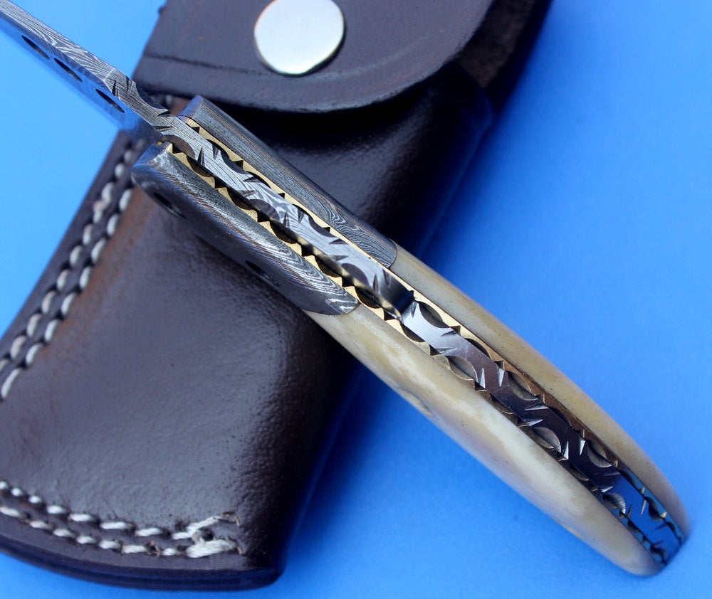 HTS-84  Damascus Knife custom handmade Folder /Camel Bone handle / Damascus steel bolster / Liner Lock