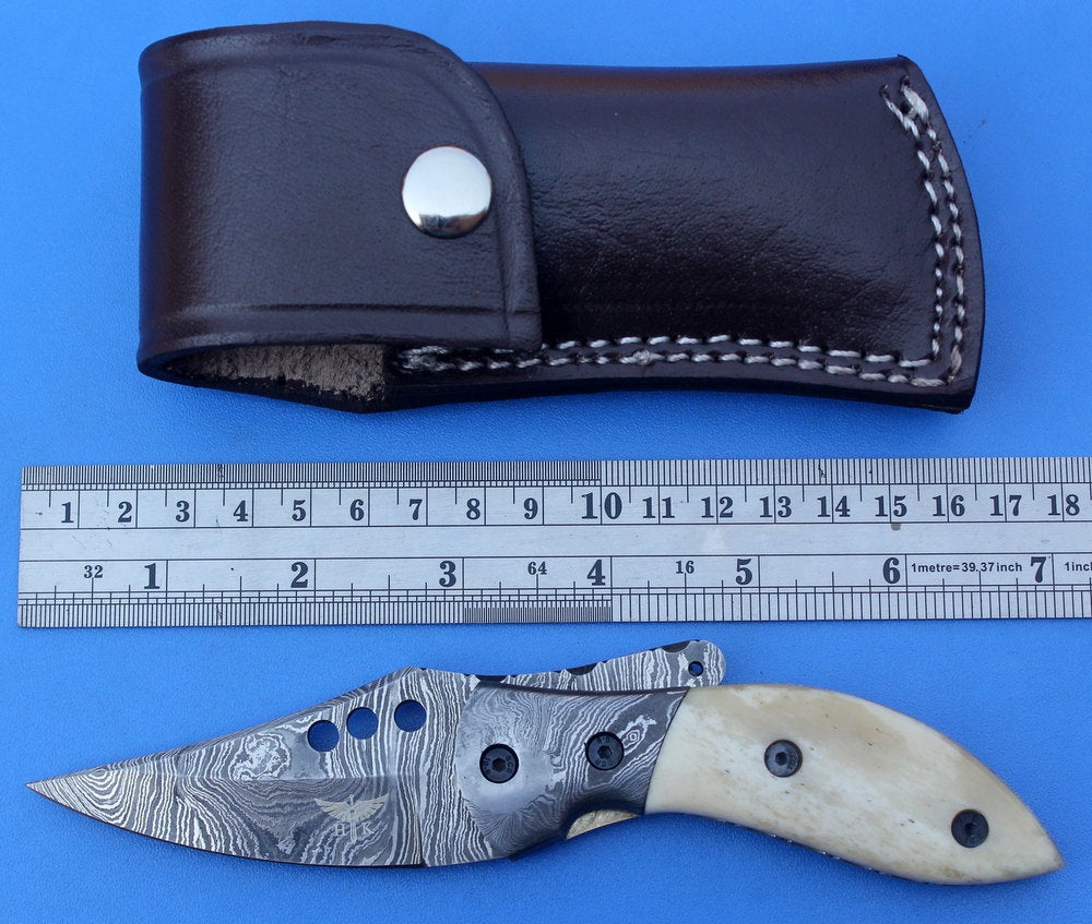 HTS-84  Damascus Knife custom handmade Folder /Camel Bone handle / Damascus steel bolster / Liner Lock