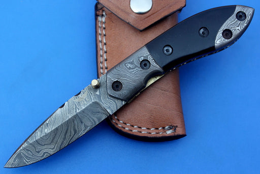 HTK-79 Damascus Folder / Hand Made / Custom / Buffalo Horn handle / Damascus steel bolster / Liner Lock - HomeTown Knives