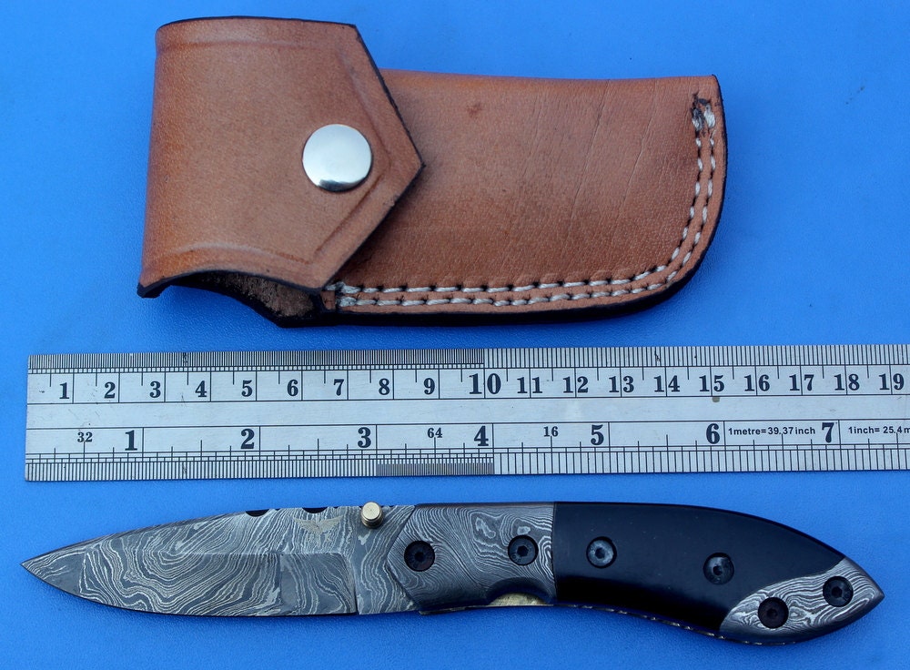 HTS-79 Damascus Folder / Hand Made / Custom / Buffalo Horn handle / Damascus steel bolster / Liner LockS
