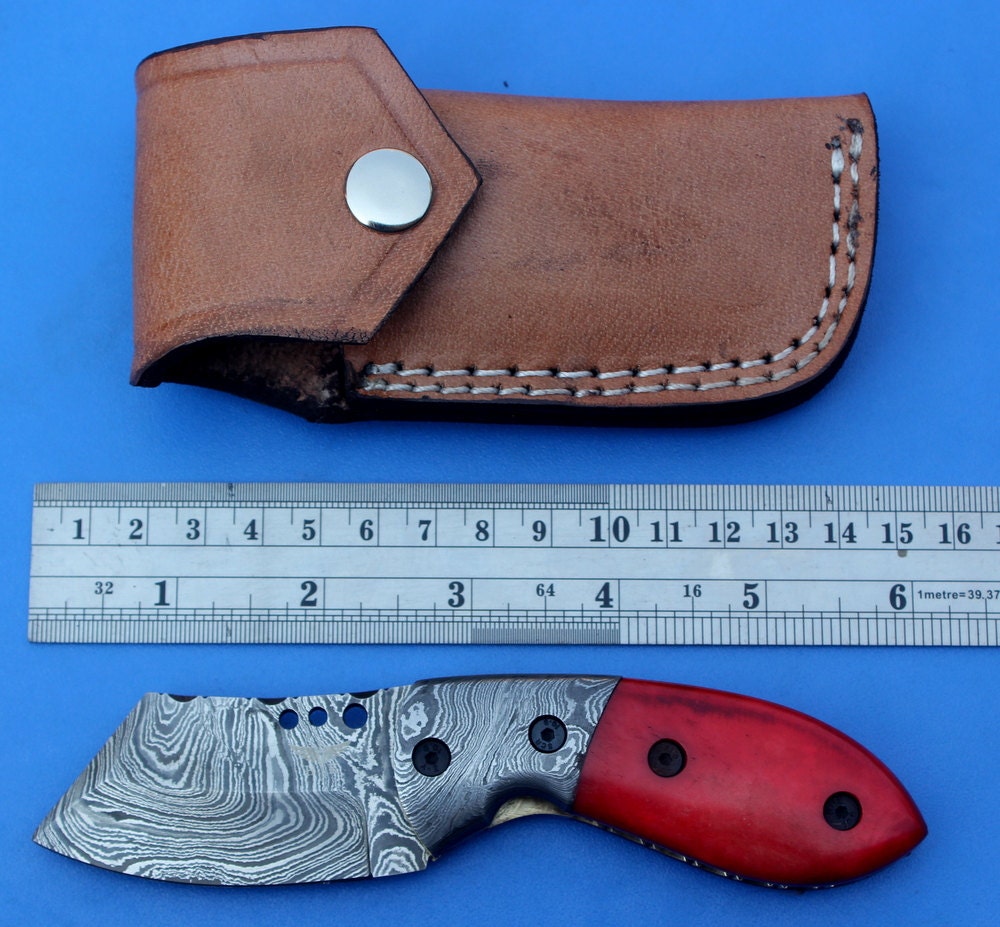 HTK-81 Damascus Folder / Hand Made / Custom / Colour Camel Bone handle / Damascus steel bolster / Liner Lock - HomeTown Knives