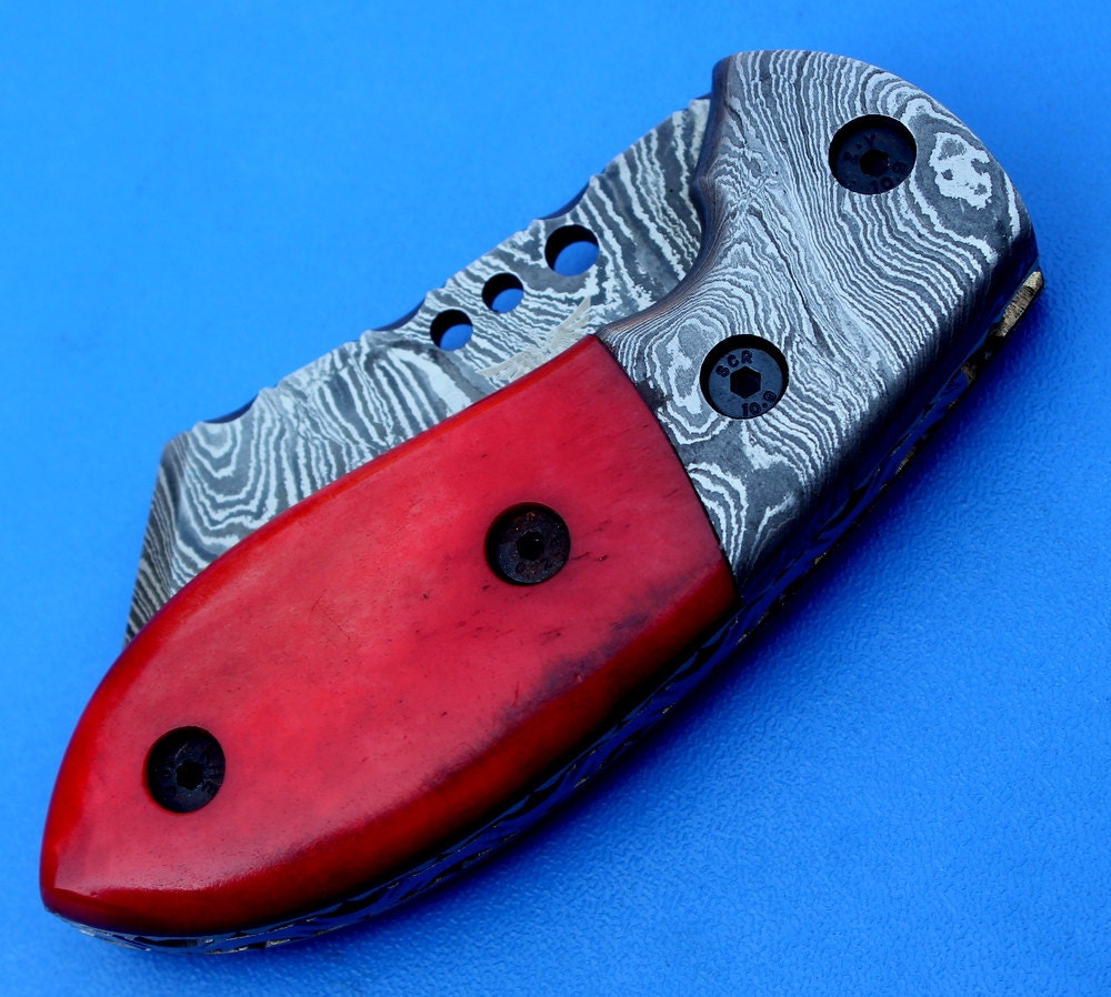 HTK-81 Damascus Folder / Hand Made / Custom / Colour Camel Bone handle / Damascus steel bolster / Liner Lock - HomeTown Knives