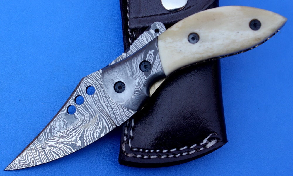 HTS-84  Damascus Knife custom handmade Folder /Camel Bone handle / Damascus steel bolster / Liner Lock