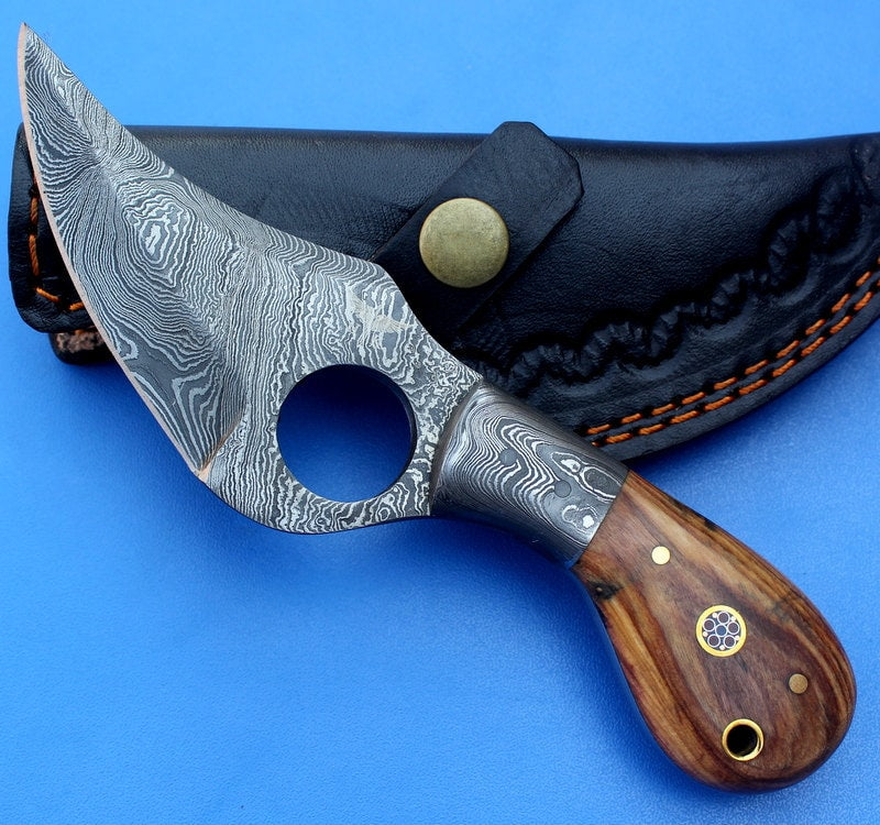 HT-3 Custom Handmade Damascus Skinner Knife // Wood handle // Safety Finger Hole // Functional // Sharp // EDC