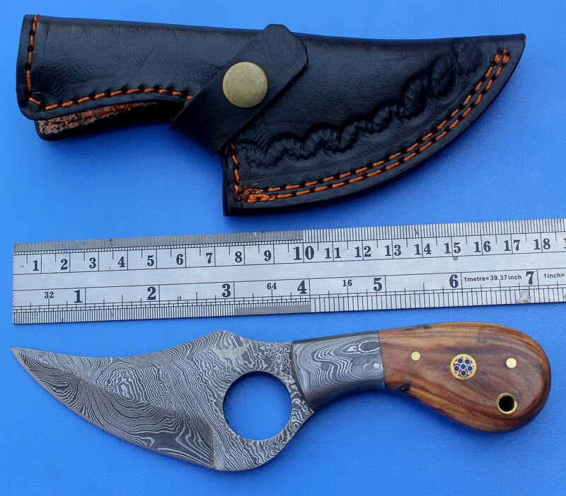HT-3 Custom Handmade Damascus Skinner Knife // Wood handle // Safety Finger Hole // Functional // Sharp // EDC