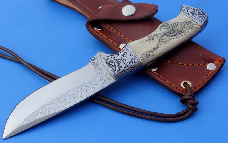 HTK-101 custom handmade Stainless Steel Skinner Knife / Scrimshaw On Camel bone Handle / Great quality