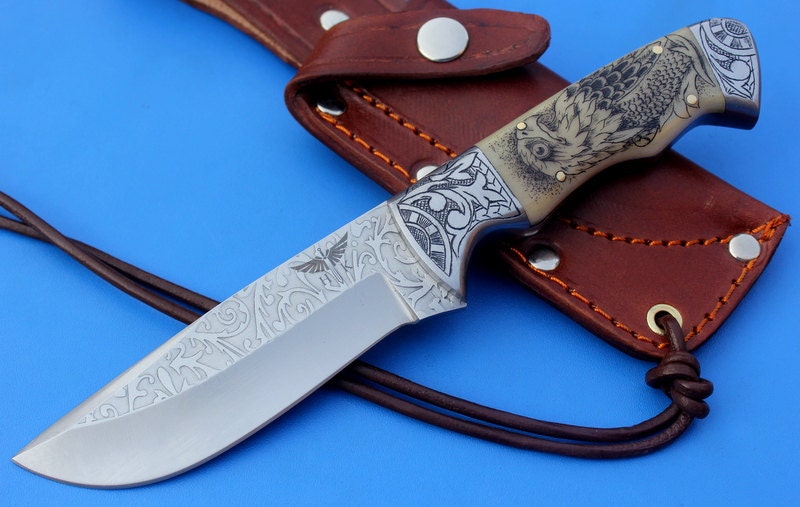 HTK-101 custom handmade Stainless Steel Skinner Knife / Scrimshaw On Camel bone Handle / Great quality