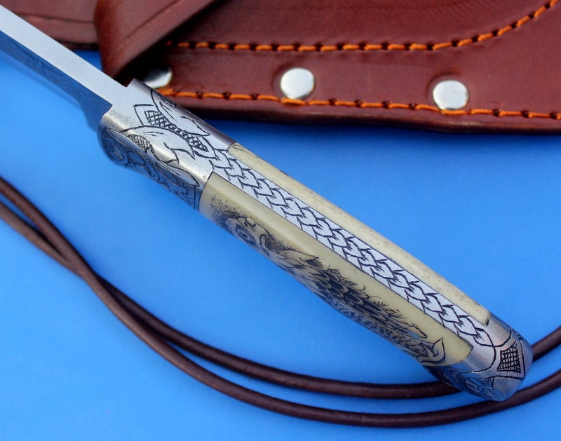 HTK-101 custom handmade Stainless Steel Skinner Knife / Scrimshaw On Camel bone Handle / Great quality