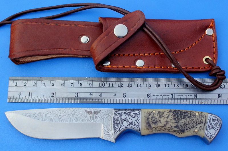 HTK-101 custom handmade Stainless Steel Skinner Knife / Scrimshaw On Camel bone Handle / Great quality