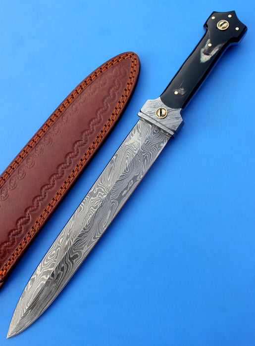 HTK-102  Damascus Knife custom handmade Dagger / Buffalo Horn handle / Great quality - HomeTown Knives