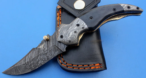 HTK-116 Damascus Folder / Hand Made / Custom / Buffalo Horn handle / Damascus steel bolster / Liner Lock - HomeTown Knives