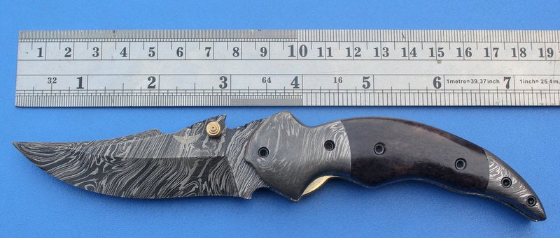 HTS-118  Damascus Knife custom handmade Folder / Color Camel Bone handle / Damascus steel bolster / Liner Lock