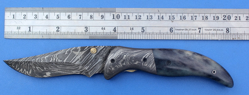 HTK-124 Damascus Folder / Hand Made / Custom / Color Camel Bone handle / Damascus steel bolster / Liner Lock - HomeTown Knives