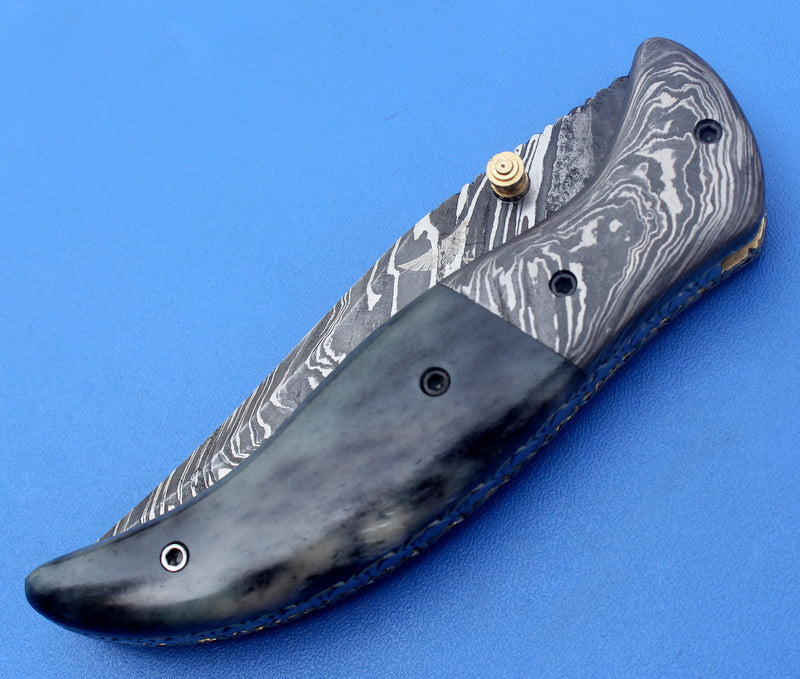 HTK-124 Damascus Folder / Hand Made / Custom / Color Camel Bone handle / Damascus steel bolster / Liner Lock - HomeTown Knives