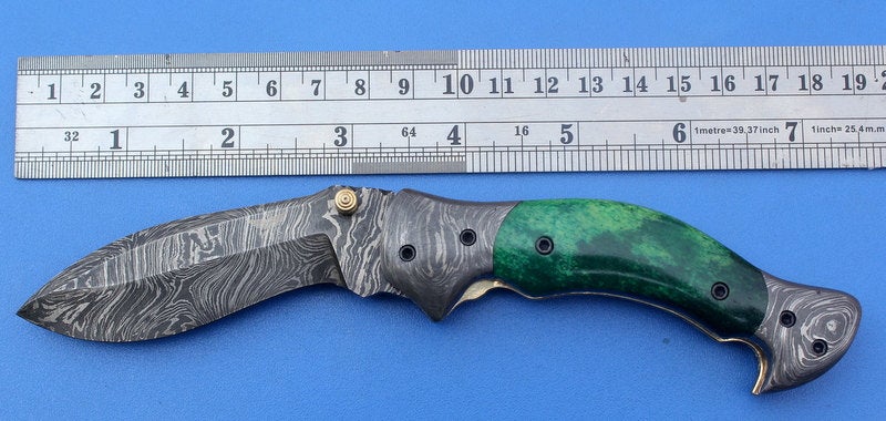 HTK-125  Damascus Knife custom handmade Folder pocket knie / Color Camel Bone handle / Damascus steel bolster / Liner Lock - HomeTown Knives