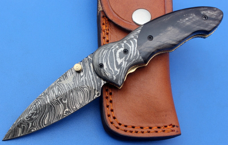HTK-128 Damascus Folder / Hand Made / Custom / Buffalo Horn handle / Damascus steel bolster / Liner Lock - HomeTown Knives
