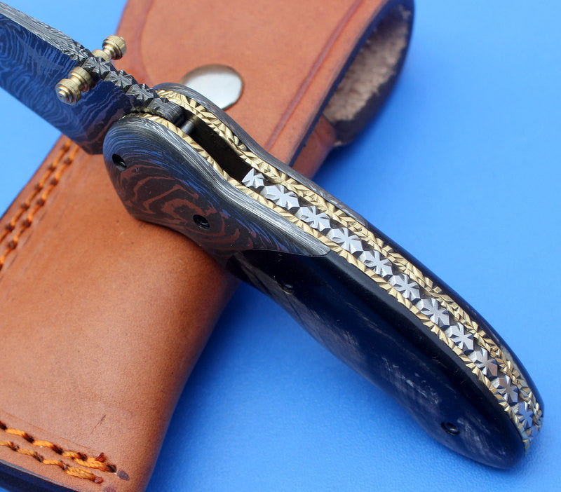 HTK-128 Damascus Folder / Hand Made / Custom / Buffalo Horn handle / Damascus steel bolster / Liner Lock - HomeTown Knives