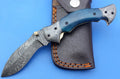 HTK-130 Damascus Knife / Hand Made / Custom / Colour Camel Bone handle / Damascus steel bolster / Liner Lock - HomeTown Knives