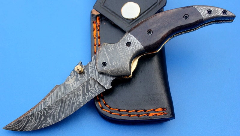 HTS-118  Damascus Knife custom handmade Folder / Color Camel Bone handle / Damascus steel bolster / Liner Lock