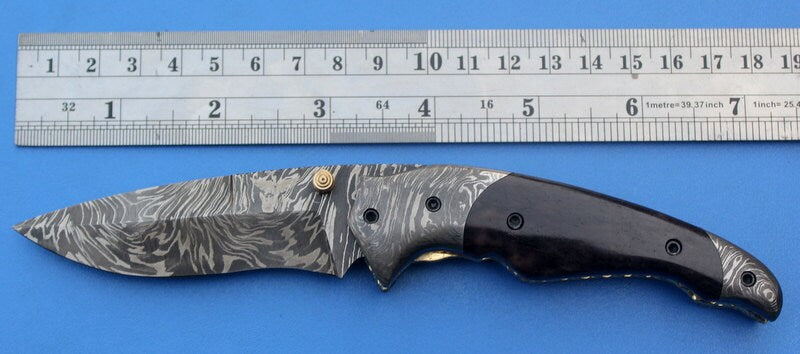 HTK-119 Damascus Folder / Hand Made / Custom / Color Camel Bone handle / Damascus steel bolster / Liner Lock - HomeTown Knives