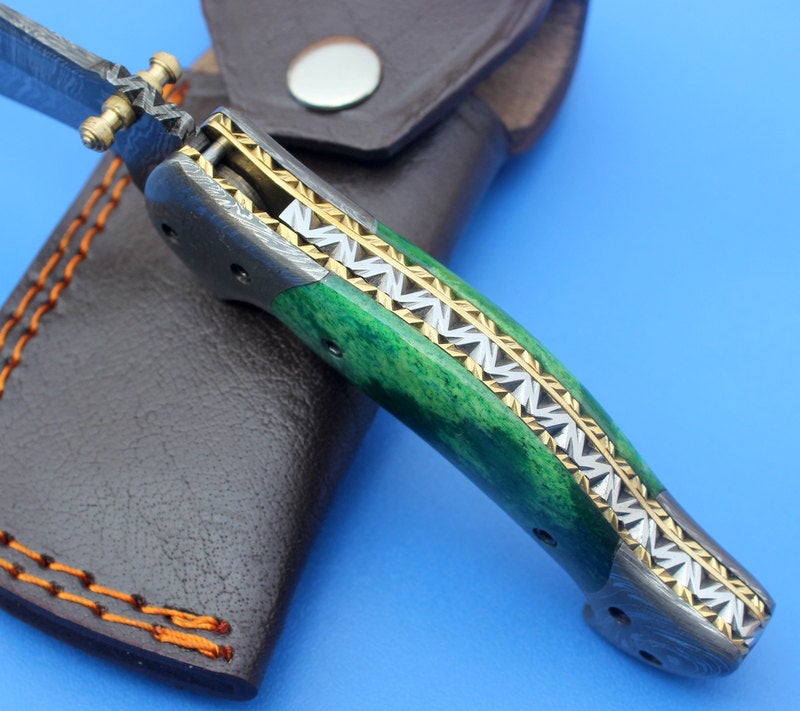 HTK-125  Damascus Knife custom handmade Folder pocket knie / Color Camel Bone handle / Damascus steel bolster / Liner Lock - HomeTown Knives