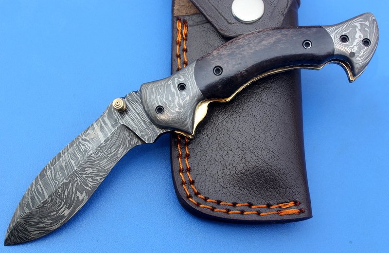HTK-126 Damascus Folder / Hand Made / Custom / Color Camel Bone handle / Damascus steel bolster / Liner Lock - HomeTown Knives