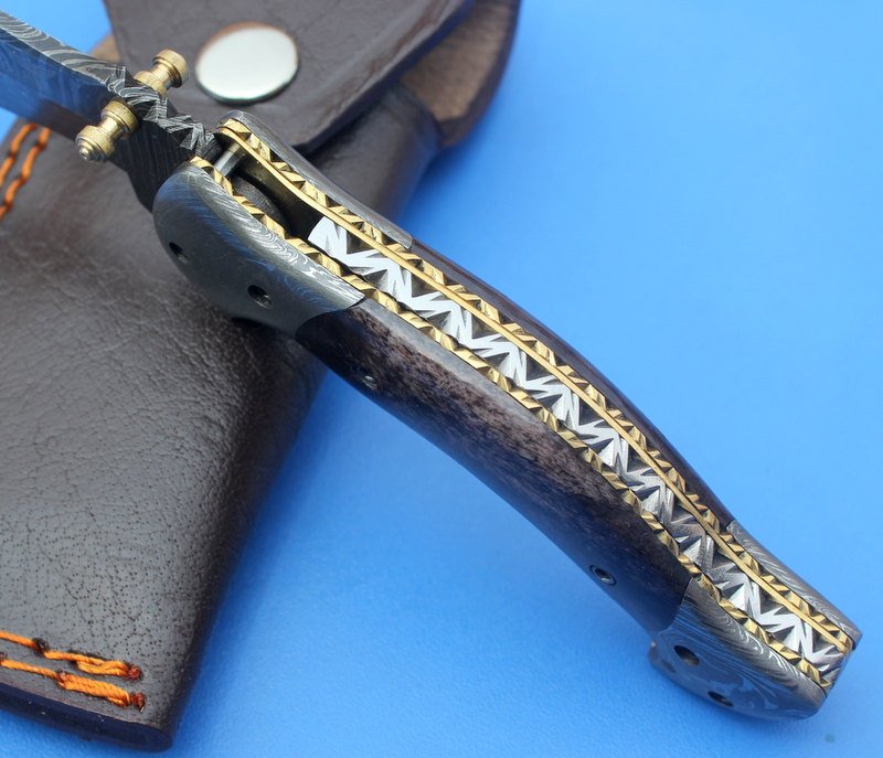 HTK-126 Damascus Folder / Hand Made / Custom / Color Camel Bone handle / Damascus steel bolster / Liner Lock - HomeTown Knives