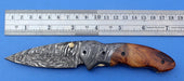 HTK-127 Damascus Folder / Hand Made / Custom / Olive Wood handle / Damascus steel bolster / Liner Lock - HomeTown Knives