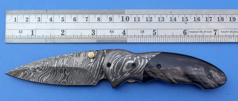 HTK-128 Damascus Folder / Hand Made / Custom / Buffalo Horn handle / Damascus steel bolster / Liner Lock - HomeTown Knives