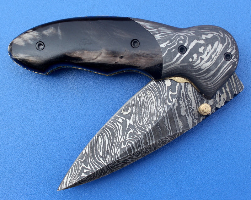 HTK-128 Damascus Folder / Hand Made / Custom / Buffalo Horn handle / Damascus steel bolster / Liner Lock - HomeTown Knives