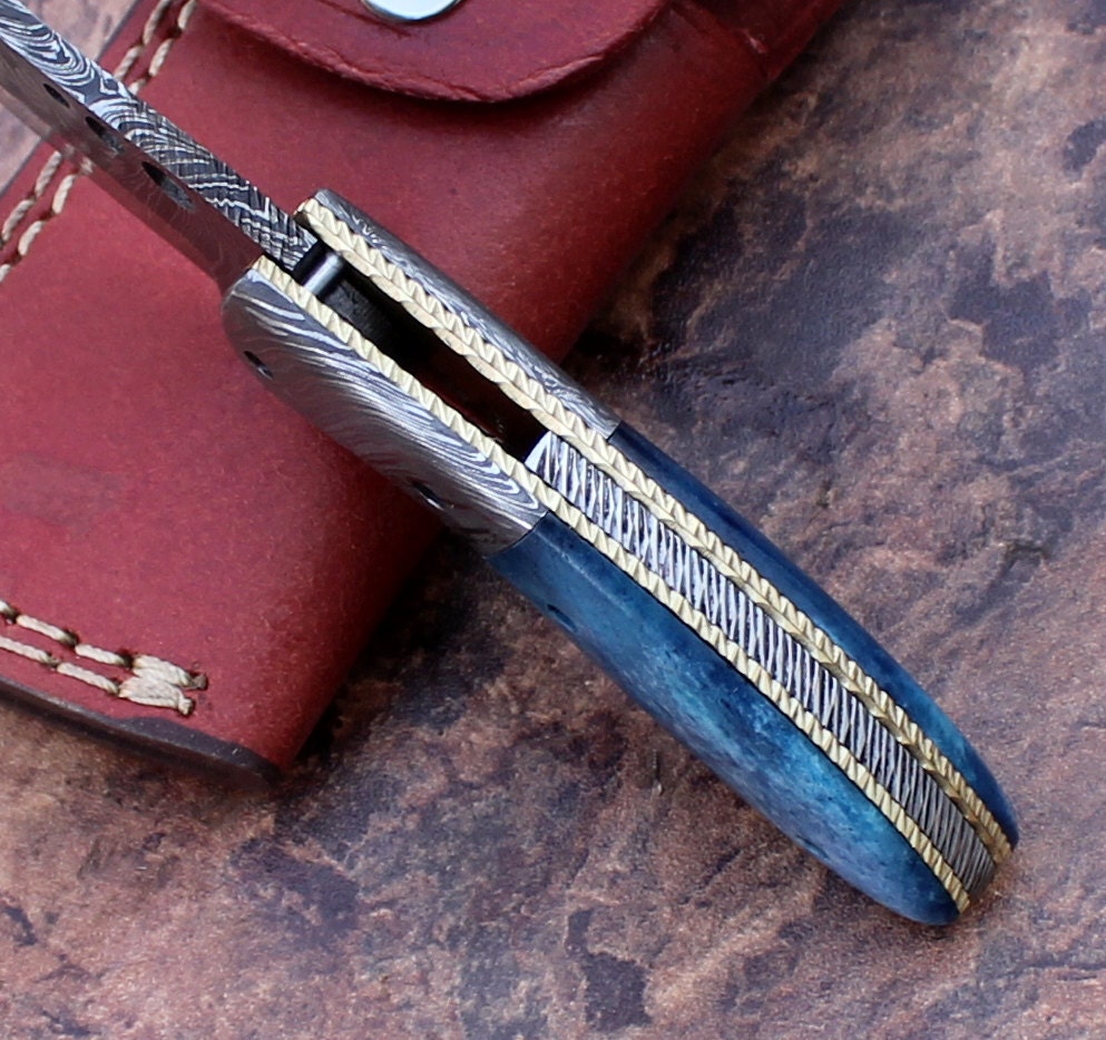 HTK 82 - Damascus Folder / Hand Made / Custom / Color Camel Bone handle / Damascus steel bolster / Liner Lock - HomeTown Knives