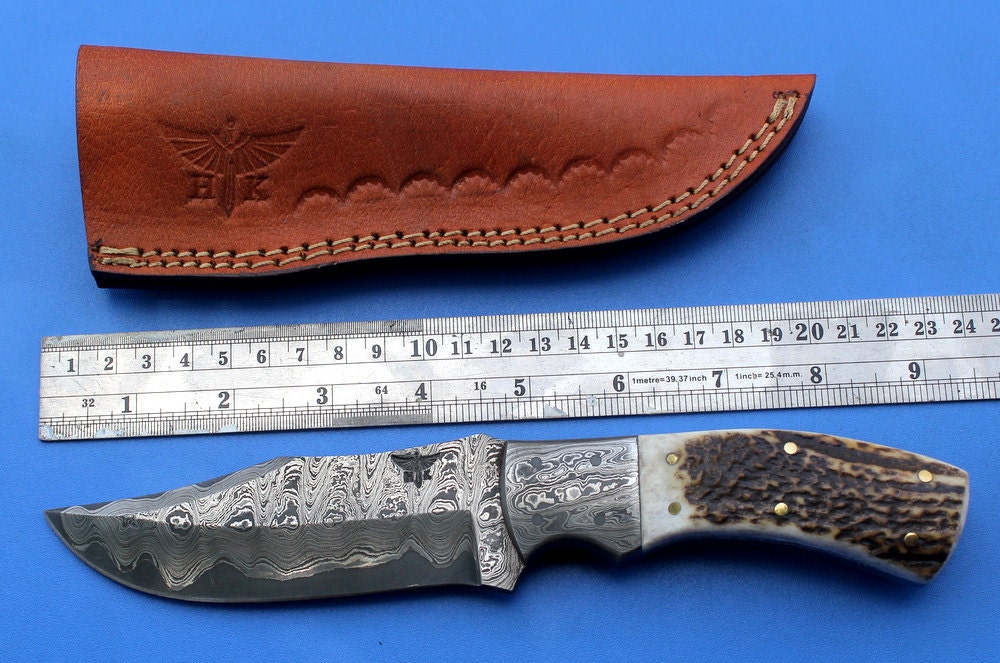 HT-34  Damascus Knife custom handmade Skinner Knife / Stag Horn / Sanmai Pattern / Great quality / Camping / Hunting - HomeTown Knives