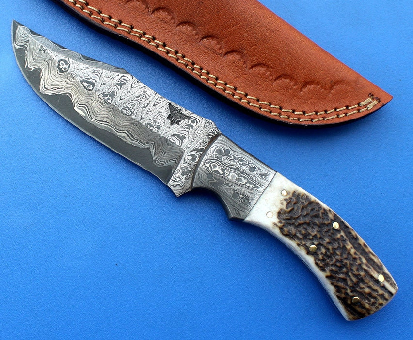 HT-34  Damascus Knife custom handmade Skinner Knife / Stag Horn / Sanmai Pattern / Great quality / Camping / Hunting - HomeTown Knives