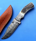 HT-34  Damascus Knife custom handmade Skinner Knife / Stag Horn / Sanmai Pattern / Great quality / Camping / Hunting - HomeTown Knives
