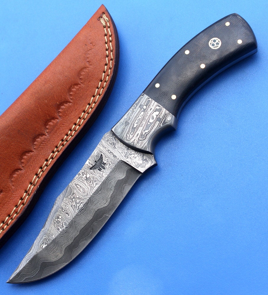 HT-35  Damascus Knife custom handmade Skinner Knife / Micarta / Sanmai Pattern / Great Quality / Camping / Hunting game - HomeTown Knives