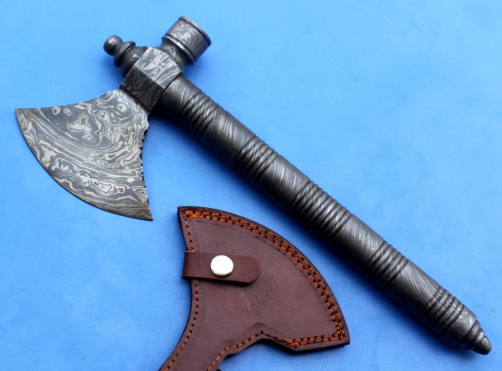 HTK 134 -  Damascus Knife custom handmade Axe  and Peace Pipe / Heavy / Full Damascus - HomeTown Knives