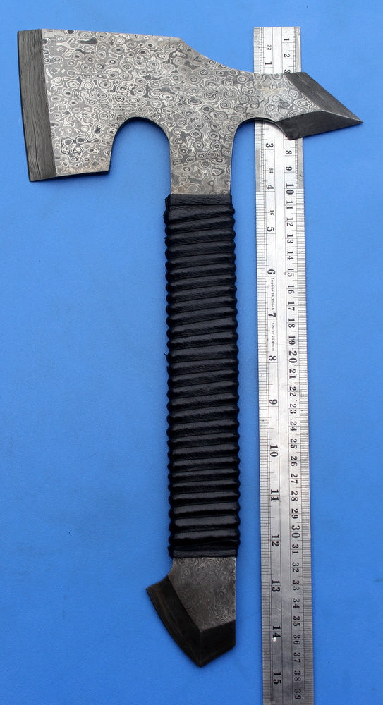 HTK - 139 Custom Handmade Damascus Axe / Camping / Hunting / Full Tang / Leather Wrap / Chisel Edge - HomeTown Knives