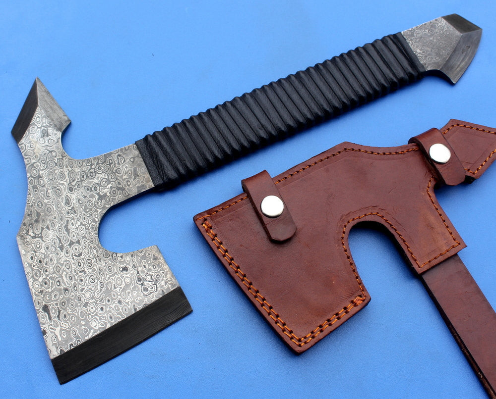 HTK - 139 Custom Handmade Damascus Axe / Camping / Hunting / Full Tang / Leather Wrap / Chisel Edge - HomeTown Knives