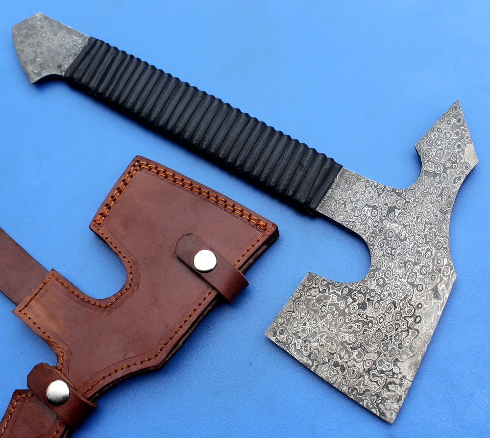 HTK - 139 Custom Handmade Damascus Axe / Camping / Hunting / Full Tang / Leather Wrap / Chisel Edge - HomeTown Knives
