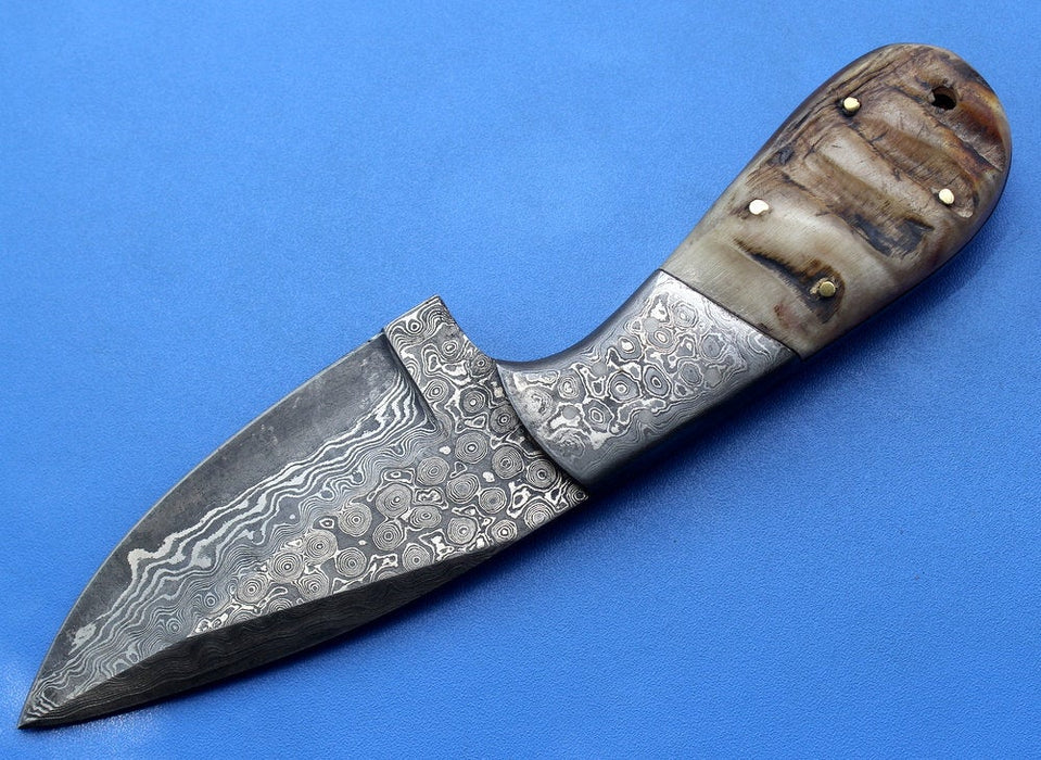 HTK -142 custom handmade Damascus Skinner Knife / Ram Horn Handle / Sanmai Rain Drop Pattern / Camping / Hunting - HomeTown Knives