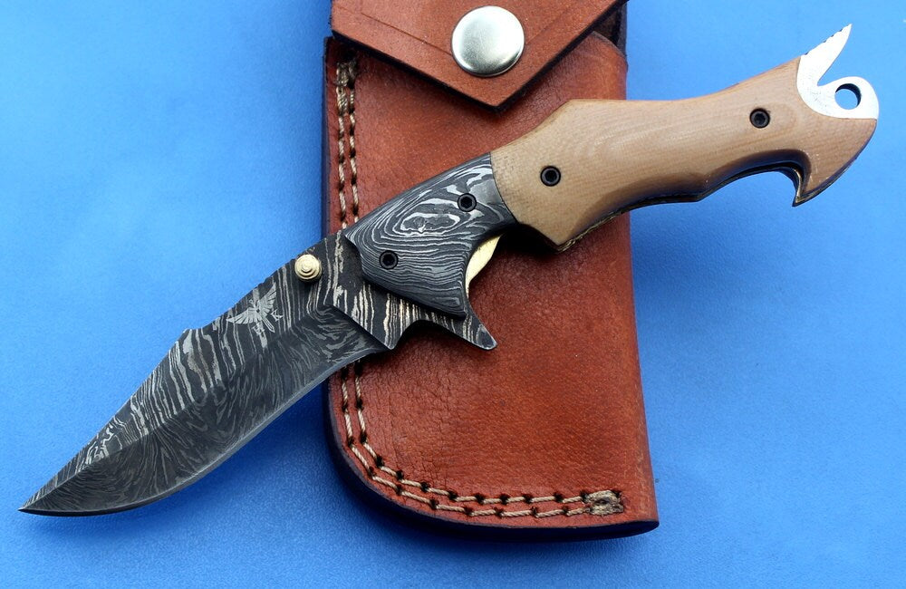 HTK -149  Damascus Knife custom handmade Folder /  Micarta handle / Damascus steel bolster / Liner Lock