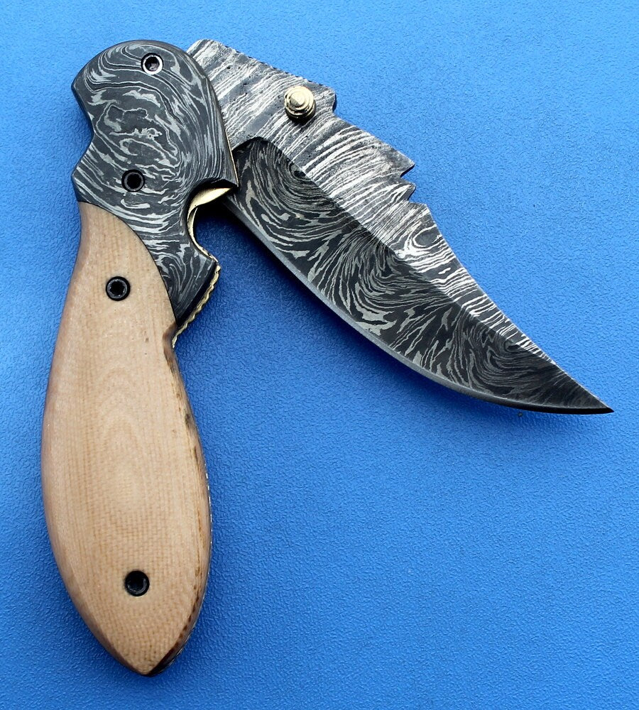 HTK -151  Damascus Knife custom handmade Folder / Micarta handle / Damascus steel bolster / Liner Lock