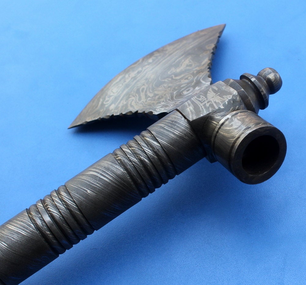 HTK 134 -  Damascus Knife custom handmade Axe  and Peace Pipe / Heavy / Full Damascus - HomeTown Knives