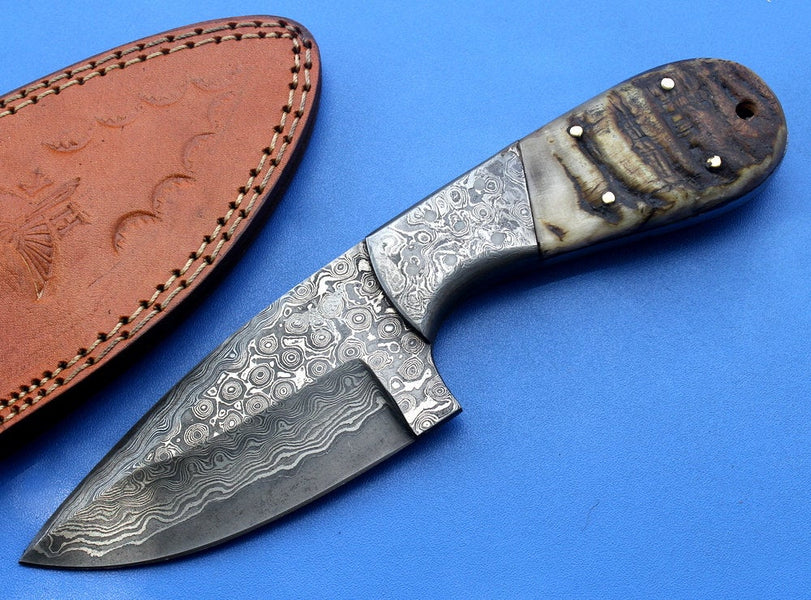 HTK-76 Damascus Knife custom handmade Sanmai Skinner / Ram Horn handle —  HomeTown Knives