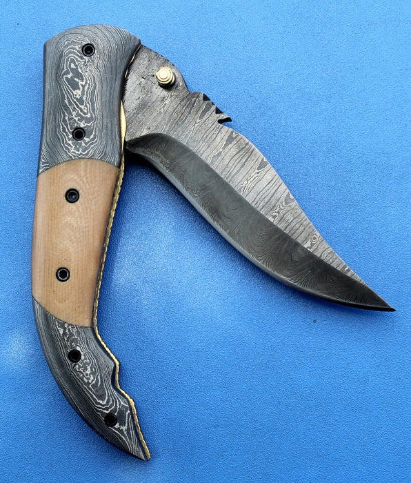 HTK -147  Damascus Knife custom handmade Folder /  Micarta handle / Damascus steel bolster / Liner Lock - HomeTown Knives