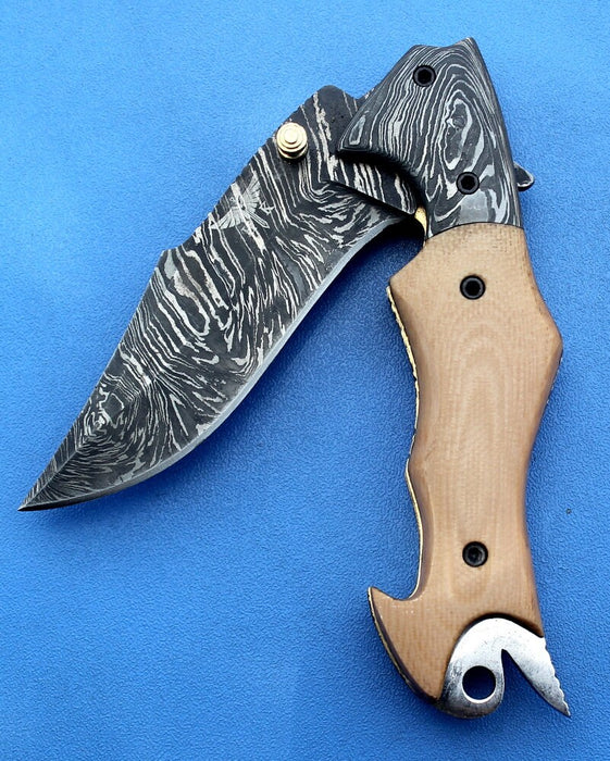 HTK -149  Damascus Knife custom handmade Folder /  Micarta handle / Damascus steel bolster / Liner Lock