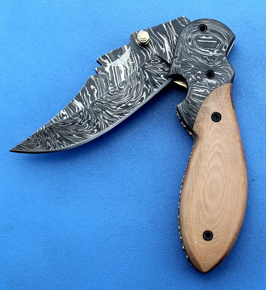 HTK -151  Damascus Knife custom handmade Folder / Micarta handle / Damascus steel bolster / Liner Lock